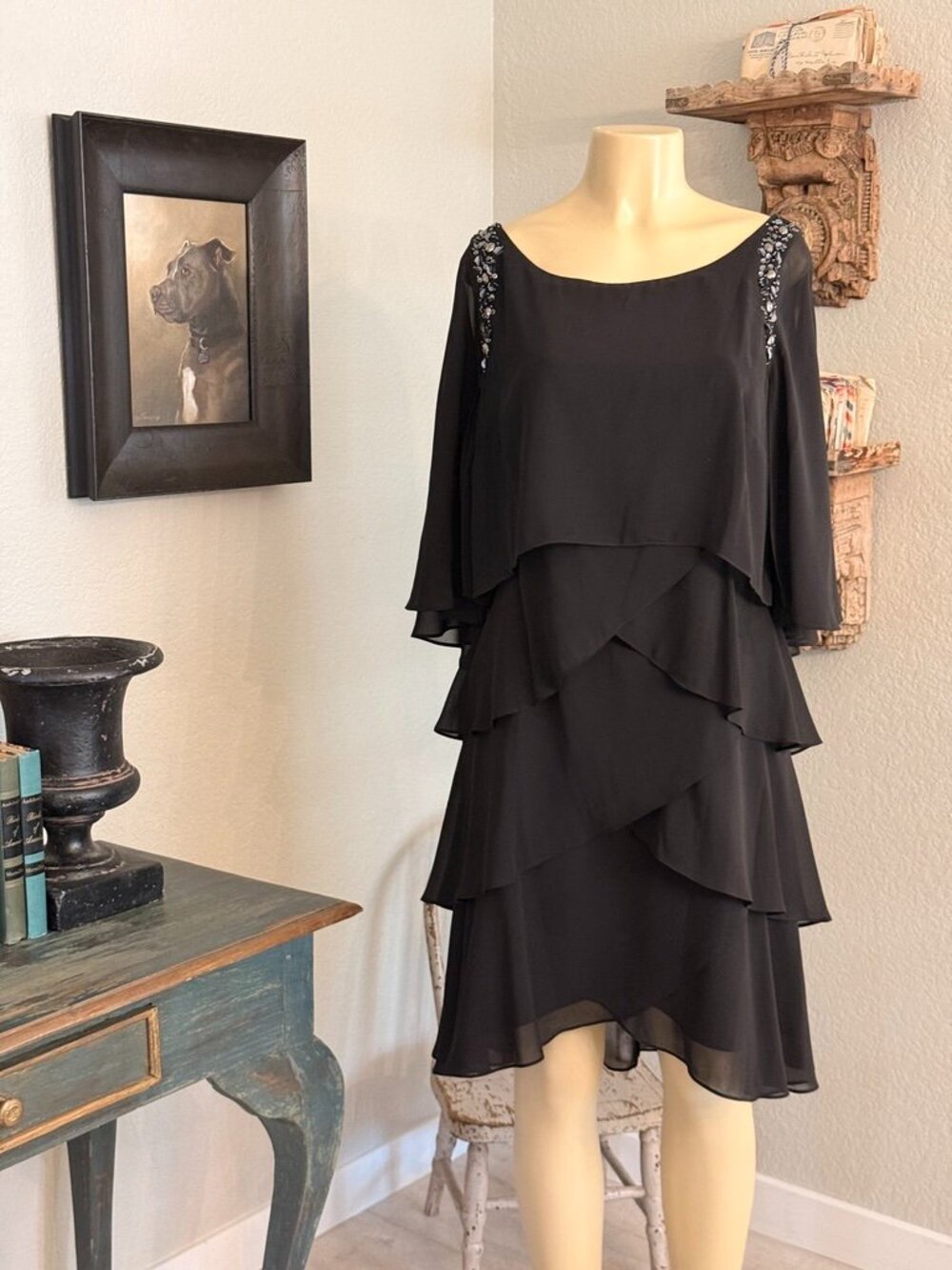 SNLY ny Black Knee Length Sheer Sleeve multi Sheer Layered Cocktail Dress